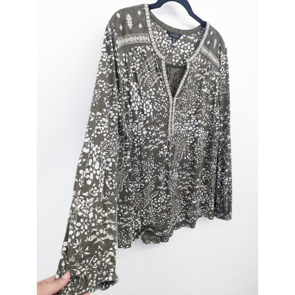 Lucky Brand Shirt Women 2X Green Floral Embroidered Boho Peasant Top Long Sleeve - Picture 5 of 11
